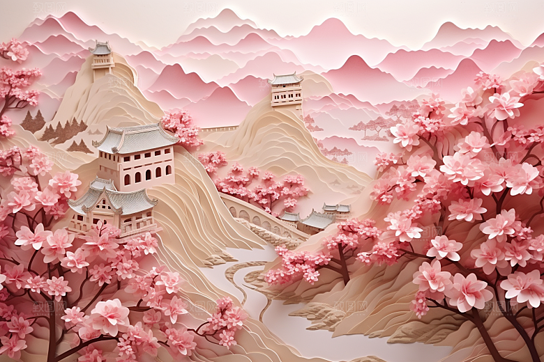国潮长城工笔画山水剪纸