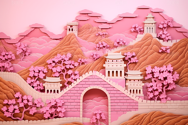 国潮长城层次山水剪纸