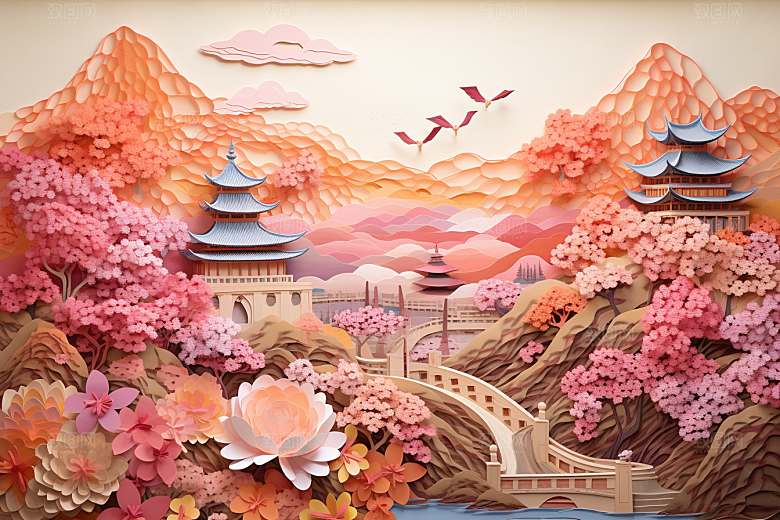 国潮长城工笔画新中式剪纸
