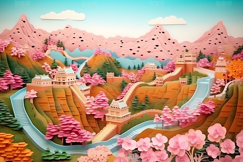 国潮长城精致层次剪纸