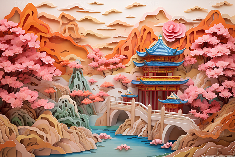 国潮长城工笔画艺术剪纸