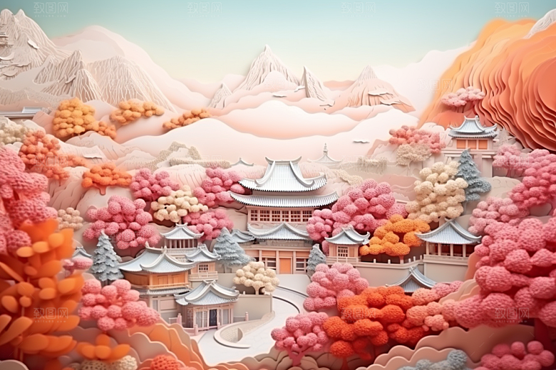 国潮长城山水工笔画剪纸