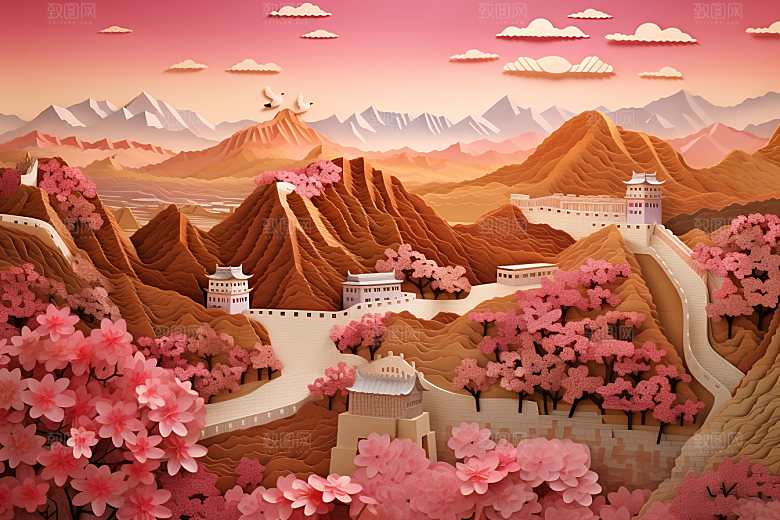 国潮长城山水工笔画剪纸