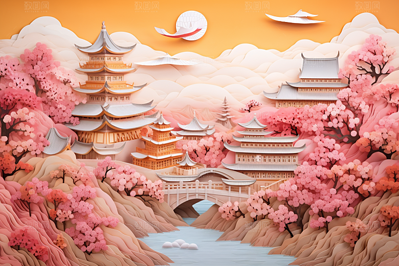 国潮长城风光工笔画剪纸