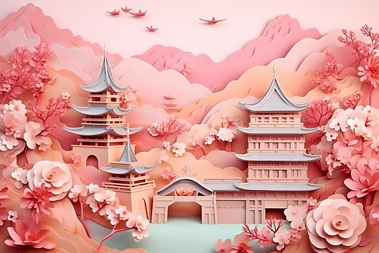 国潮长城立体工笔画剪纸