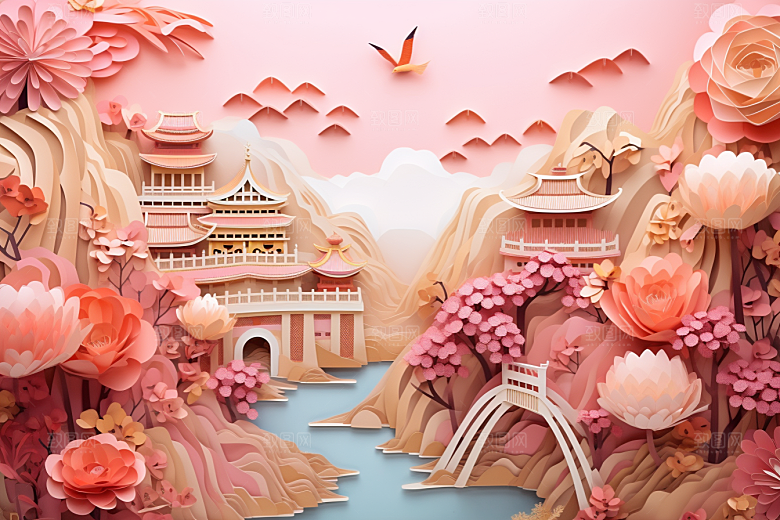 国潮长城工笔画精致剪纸