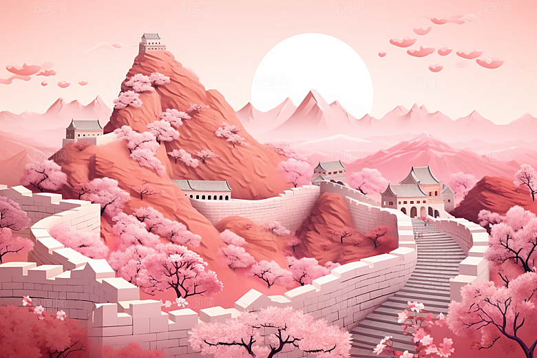 国潮长城精致山水剪纸