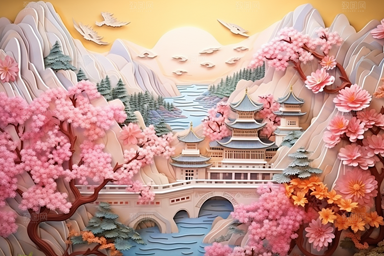 国潮长城新中式精致剪纸