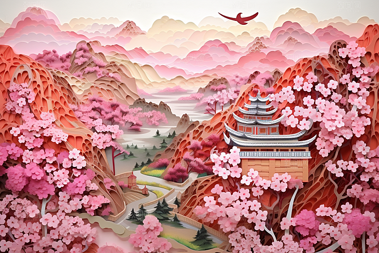 国潮长城艺术山水剪纸