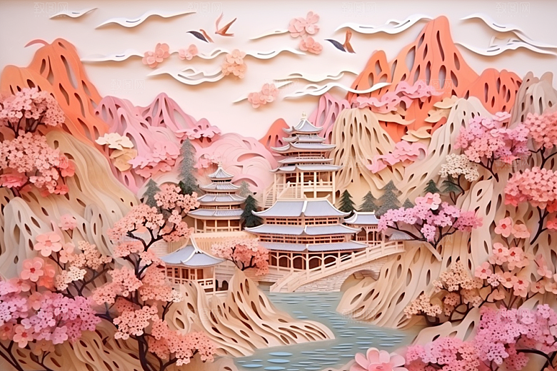 国潮长城新中式山水剪纸