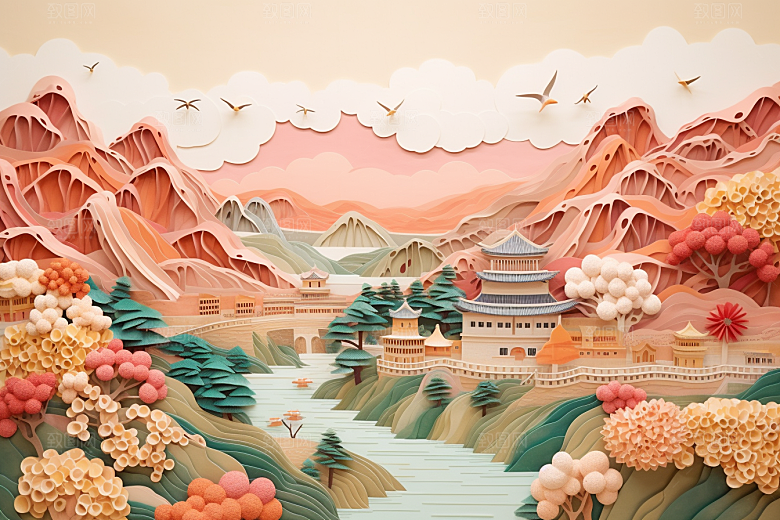 国潮长城层次精致剪纸