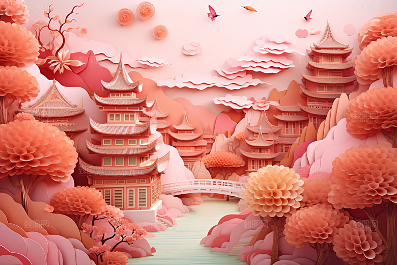 国潮长城层次工笔画剪纸
