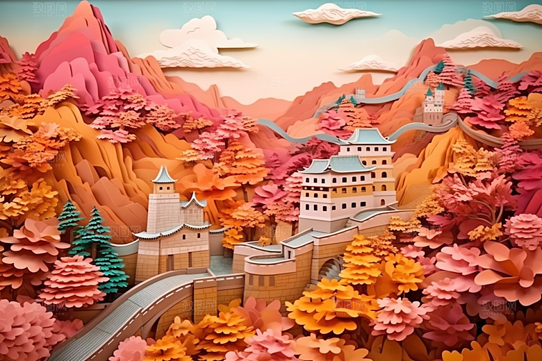 国潮长城艺术山水剪纸
