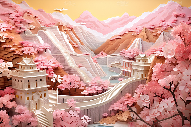 国潮长城山水风光剪纸