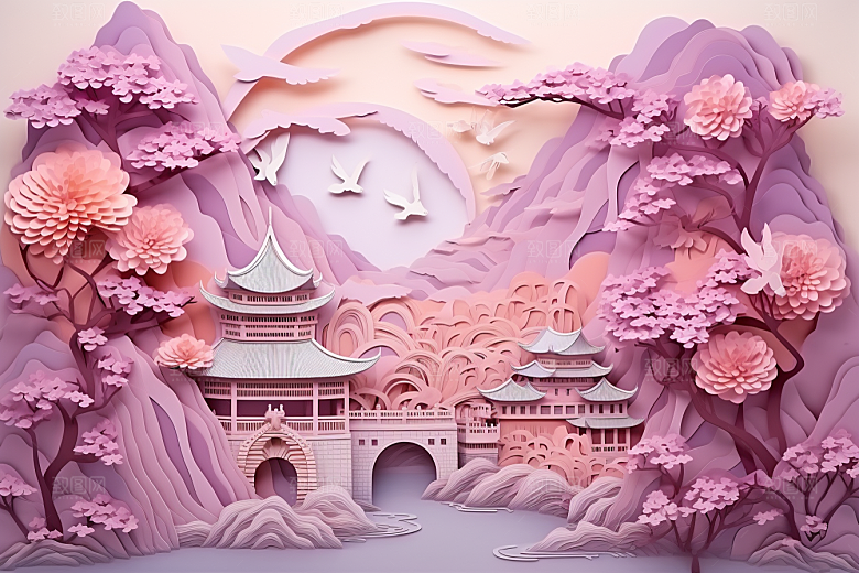 国潮长城中国风山水剪纸
