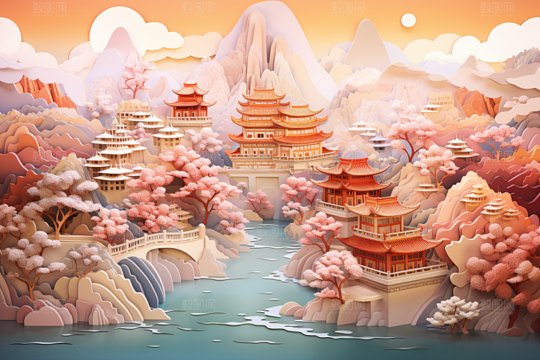 国潮长城风光山水剪纸