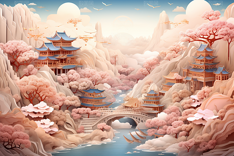 国潮长城风光新中式剪纸