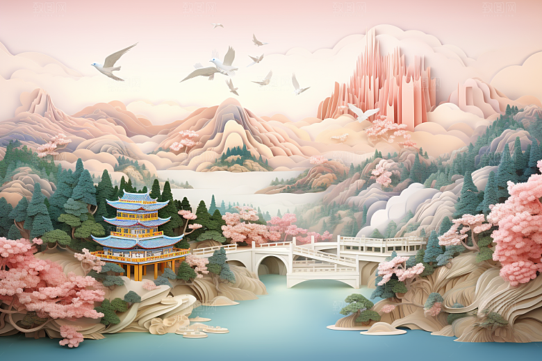 国潮长城工笔画新中式剪纸