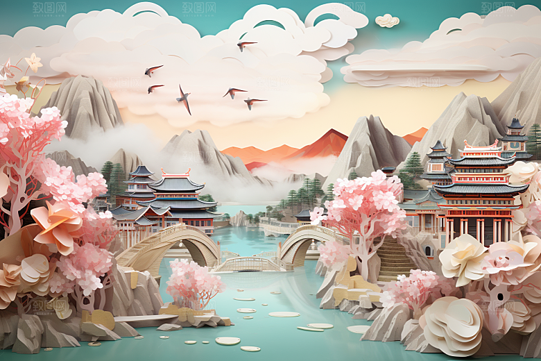 国潮长城风光层次剪纸