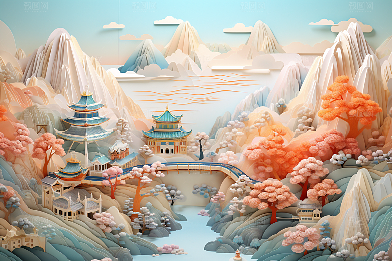 国潮长城风光山水剪纸