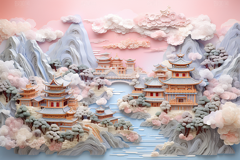 国潮长城新中式层次剪纸