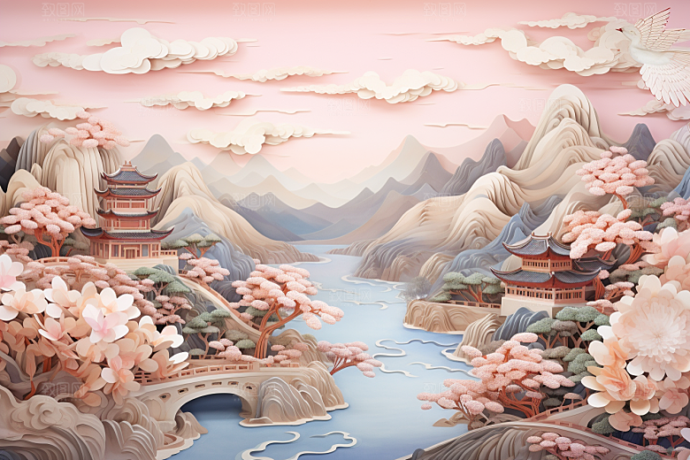国潮长城中国风山水剪纸