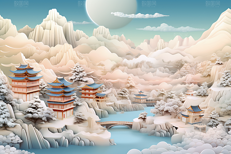 国潮长城立体山水剪纸