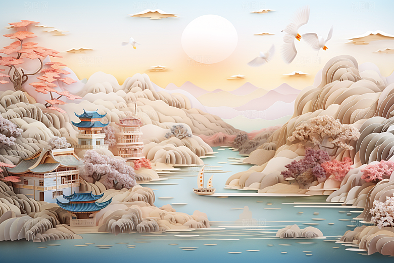 国潮长城风光层次剪纸