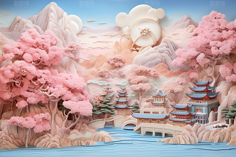 国潮长城立体工笔画剪纸