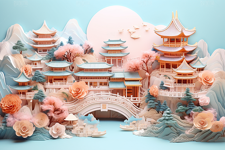 国潮长城中国风山水剪纸