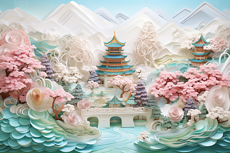 国潮长城立体风光剪纸