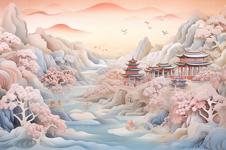 国潮长城风光层次剪纸