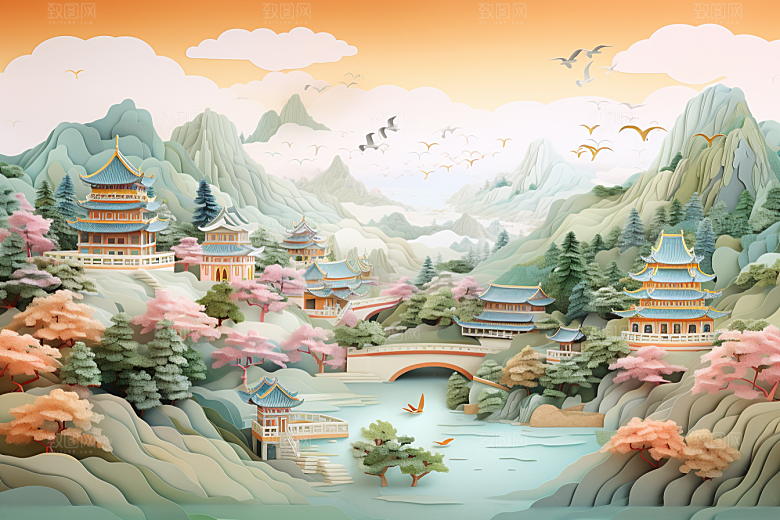 国潮长城山水艺术剪纸