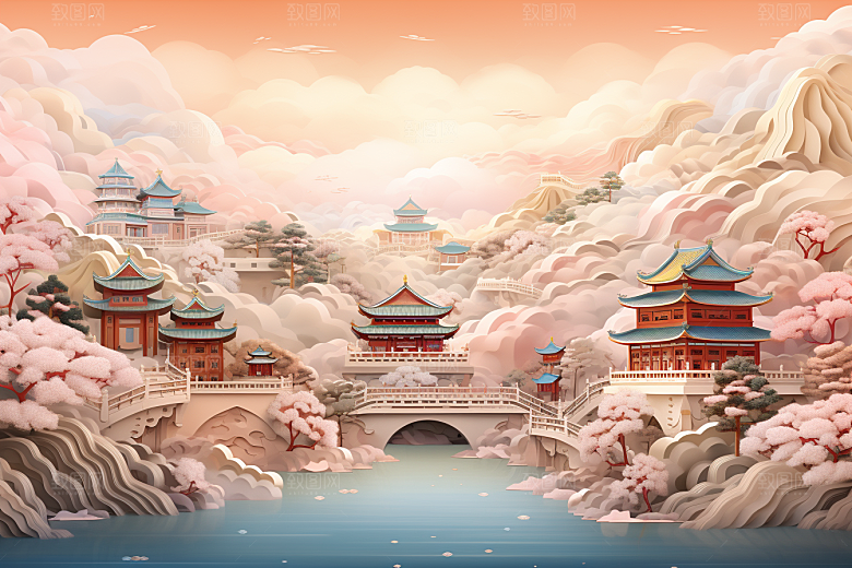 国潮长城立体层次剪纸