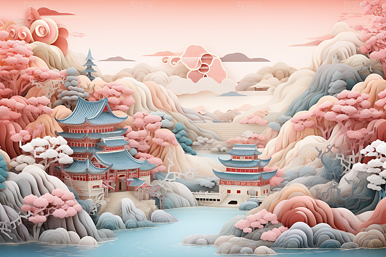 国潮长城艺术山水剪纸