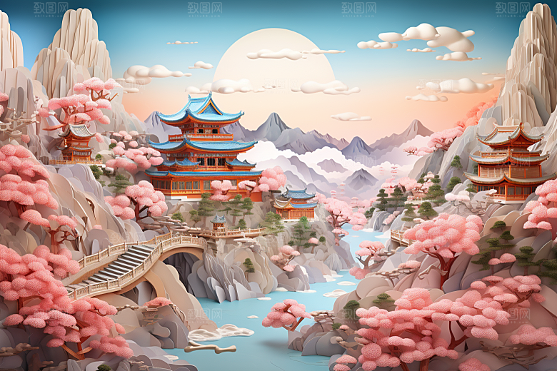 国潮长城工笔画中国风剪纸