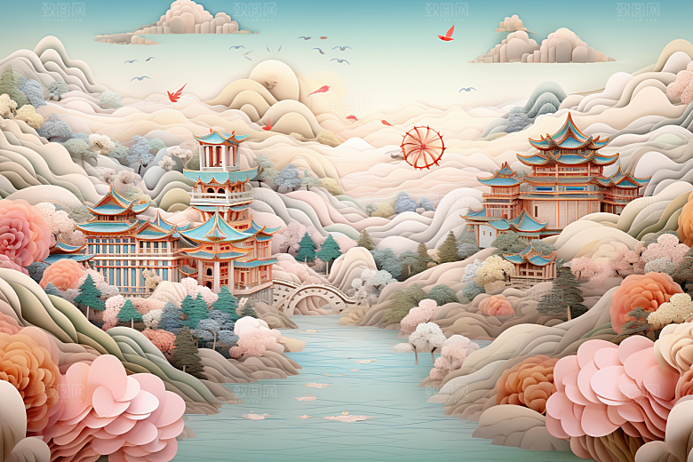国潮长城中国风工笔画剪纸