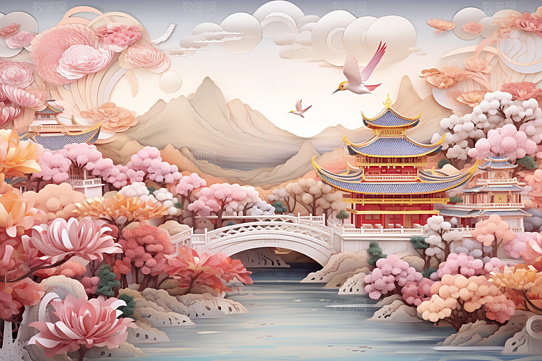 国潮长城山水中国风剪纸