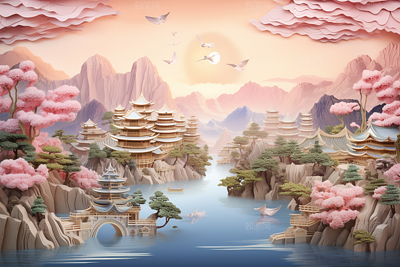 国潮长城山水精致剪纸
