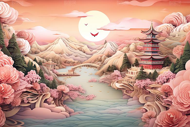 国潮长城新中式工笔画剪纸