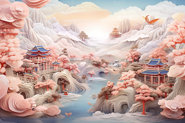 国潮长城层次中国风剪纸