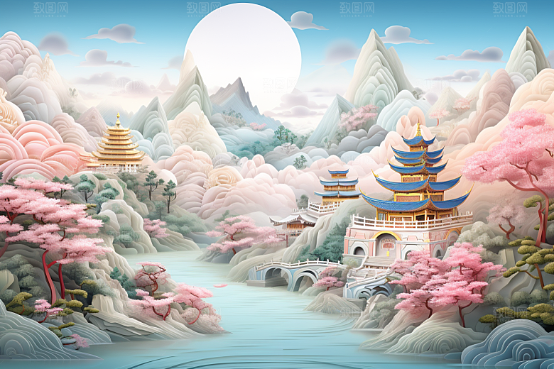 国潮长城立体山水剪纸