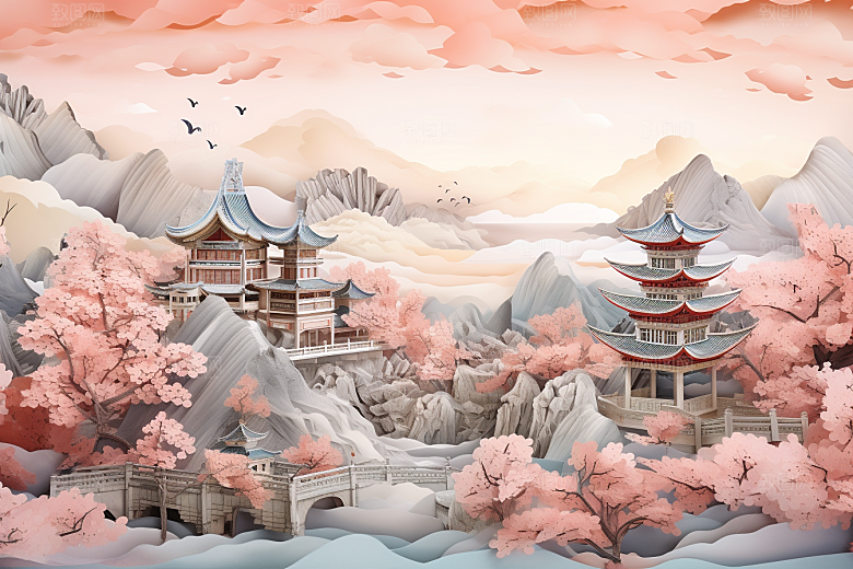 国潮长城艺术工笔画剪纸