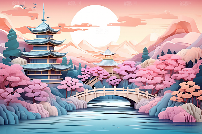 国潮长城艺术风光剪纸
