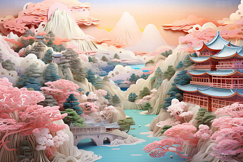 国潮长城工笔画风光剪纸