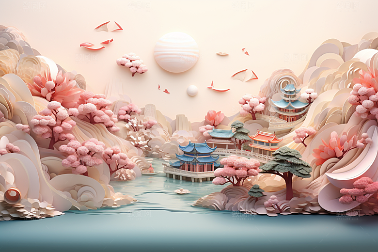 国潮长城工笔画风光剪纸