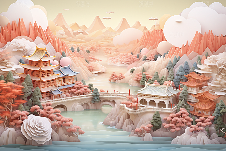 国潮长城山水立体剪纸