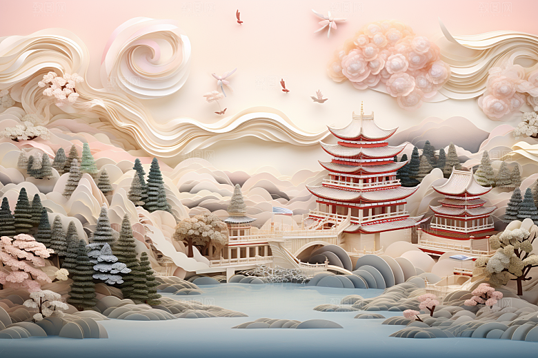 国潮长城工笔画立体剪纸