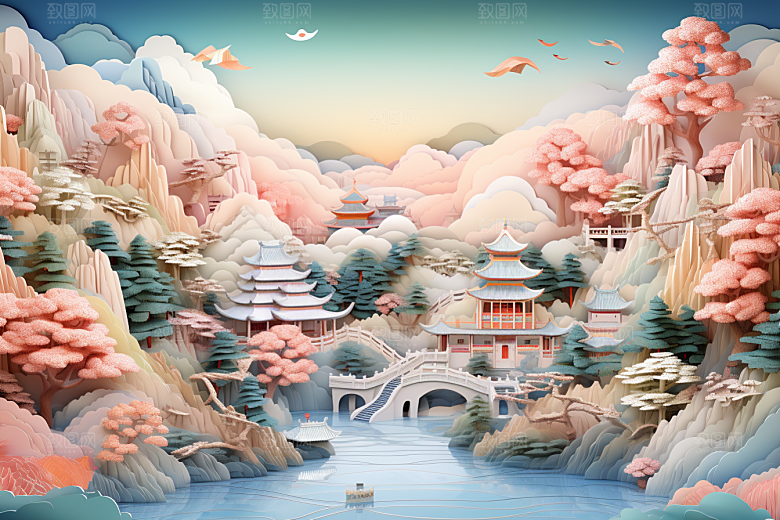 国潮长城工笔画精致剪纸