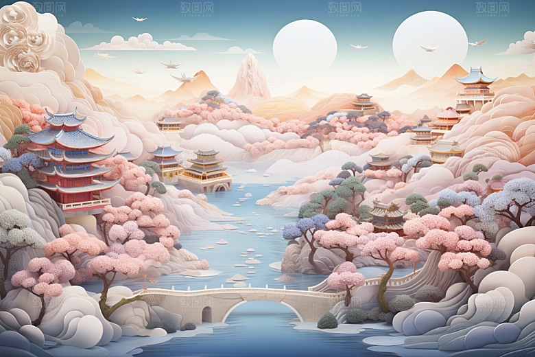 国潮长城立体山水剪纸